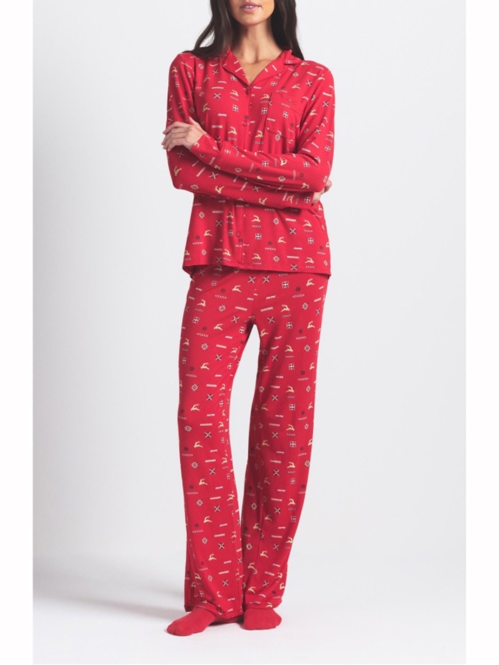 Skims Long Sleeve Button Up Shirt & Pants Pajama Set Size XXS Red Christmas